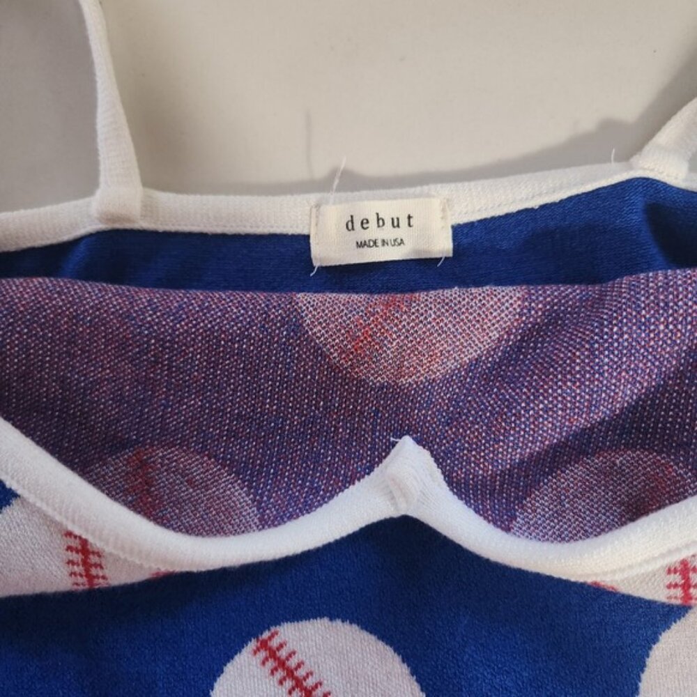 Debut Baseball Print Knit Crop Tank Top Women's ML Blue White Red Strappy - Picture 5 of 7